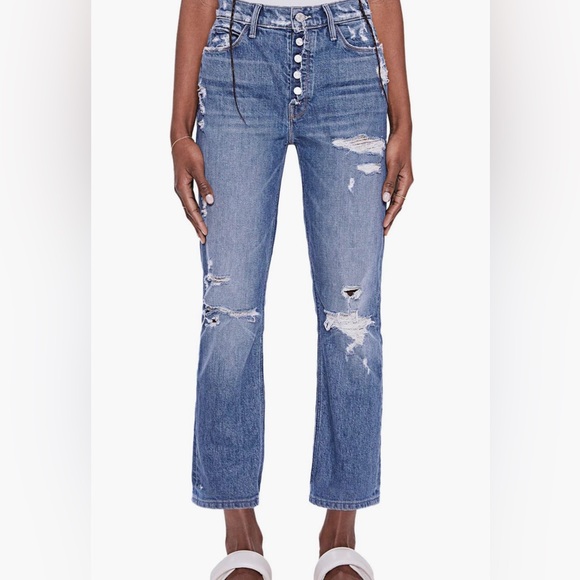 MOTHER Distressed Cropped Straight Jeans - Blue